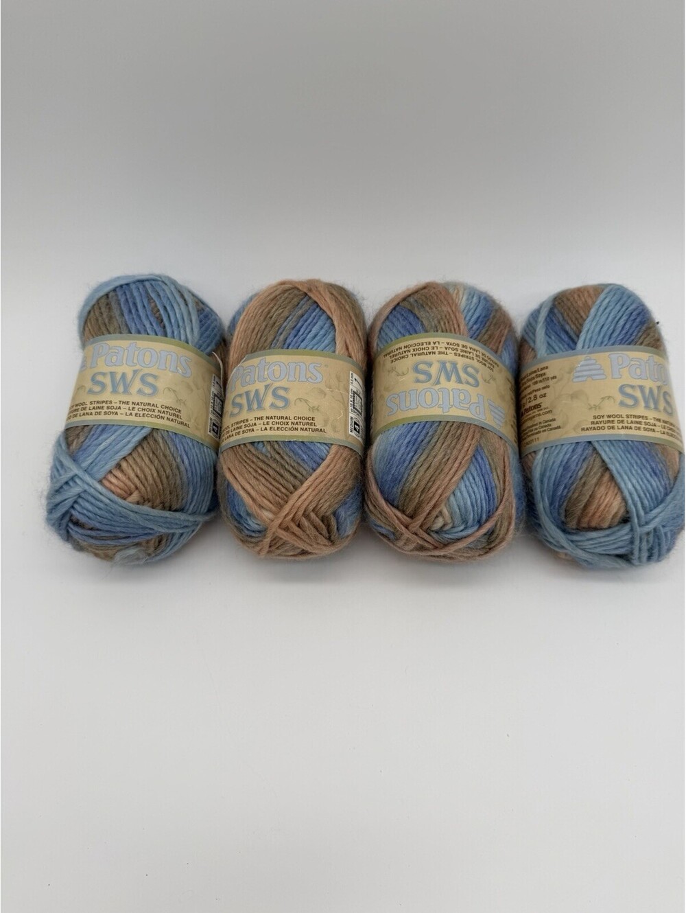 Lot Of 4 Patons SWS Soy Wool Stripes Yarn Color Natural Blue 70128